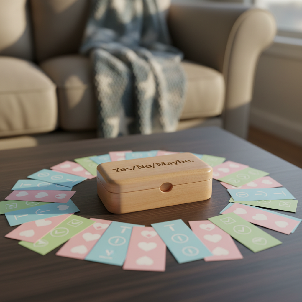 A playful coffee-table scene centered on negotiation and communication tools: color-coded index cards spread in a loose circle, each printed with simple icons like hearts, pause symbols, and checkmarks, surrounding a small wooden box engraved with the word “Yes/No/Maybe.” A soft-knit throw blanket with a whimsical star pattern tumbles over the edge of the couch in the background. Gentle late-morning window light spills across the cards, giving crisp highlights to their edges and subtle shadows between them. Photographic realism, shot from a slightly elevated angle, with the box in sharp focus and the surrounding cards softly blurred, creating an inviting, approachable, gently playful atmosphere that still feels grown-up and intentional.