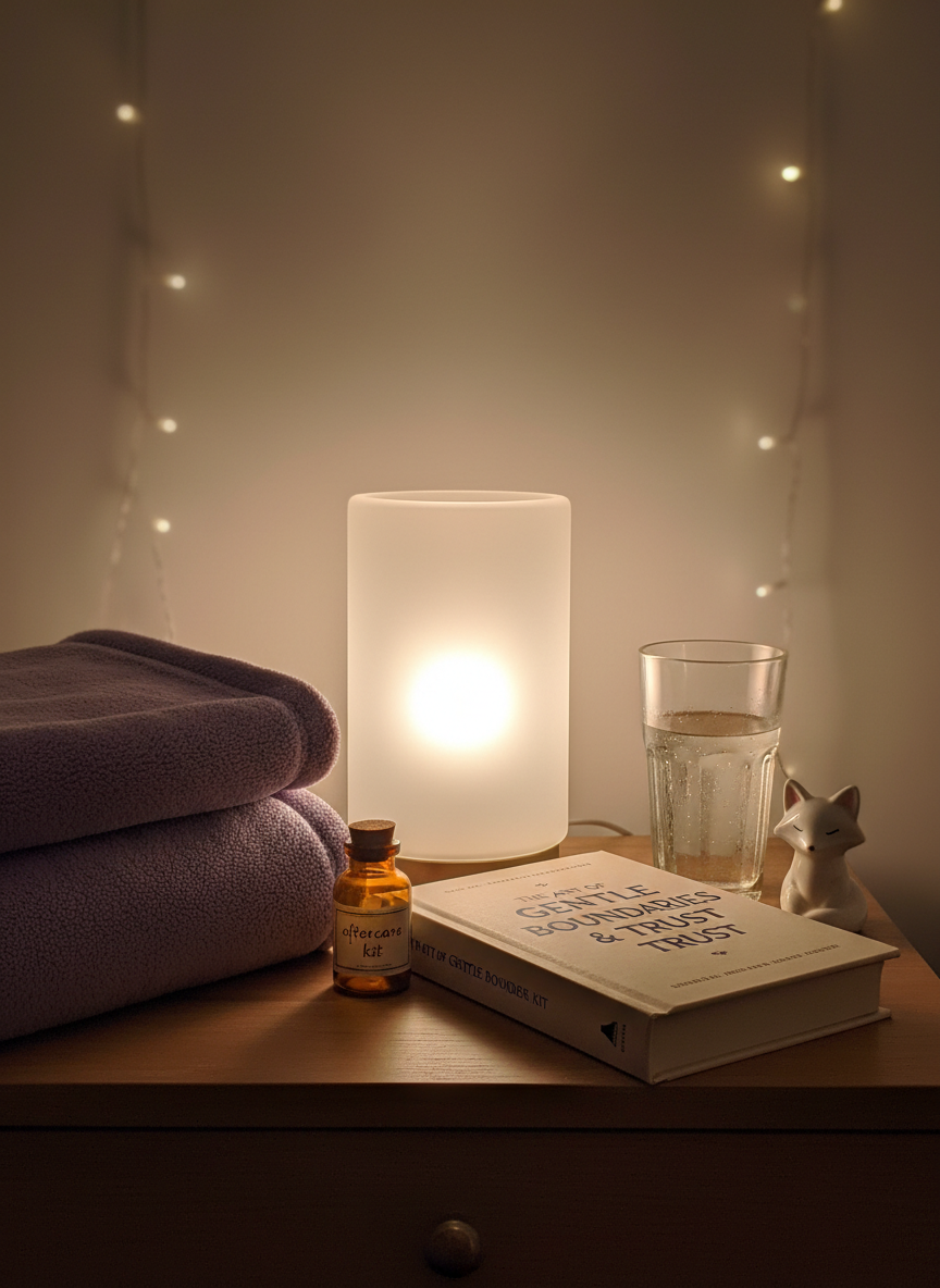 A neatly arranged nightstand vignette that suggests emotional safety and aftercare: a thick, folded, fleece blanket in soft lavender stacked beside a gently glowing frosted-glass lamp, its warm light pooling over a hardcover book titled with a fictional phrase about boundaries and trust. A glass of water with faint condensation, a tiny ceramic fox figurine, and a small bottle labeled “aftercare kit” complete the scene. The background is a blurred, neutral-toned bedroom wall with subtle fairy lights. Photographic realism, shot at eye level with warm, diffused evening lighting that creates calm, elongated shadows and a quiet, secure, reflective mood.