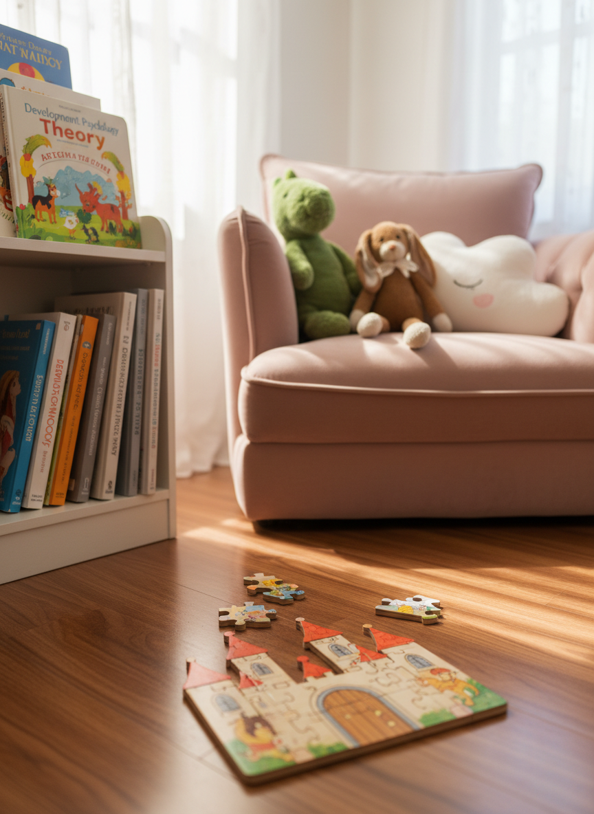 An inviting reading nook that visually represents regression and littlespace without showing people: a low, overstuffed armchair upholstered in pale blush velvet, overflowing with plush toys—a dinosaur, a floppy-eared bunny, and a cloud-shaped pillow. A small white bookshelf nearby holds picture books interspersed with dense psychology and communication texts, their spines clearly contrasting. Sunlight streams in through gauzy curtains, scattering soft patterns on the wooden floor, where a half-finished jigsaw puzzle of a whimsical castle lies mid-assembly. Photographic realism, composed at a three-quarter angle, with the camera focusing on the puzzle pieces in the foreground and the cozy chaos of the chair slightly blurred, creating a tender, safe, gently nostalgic mood.