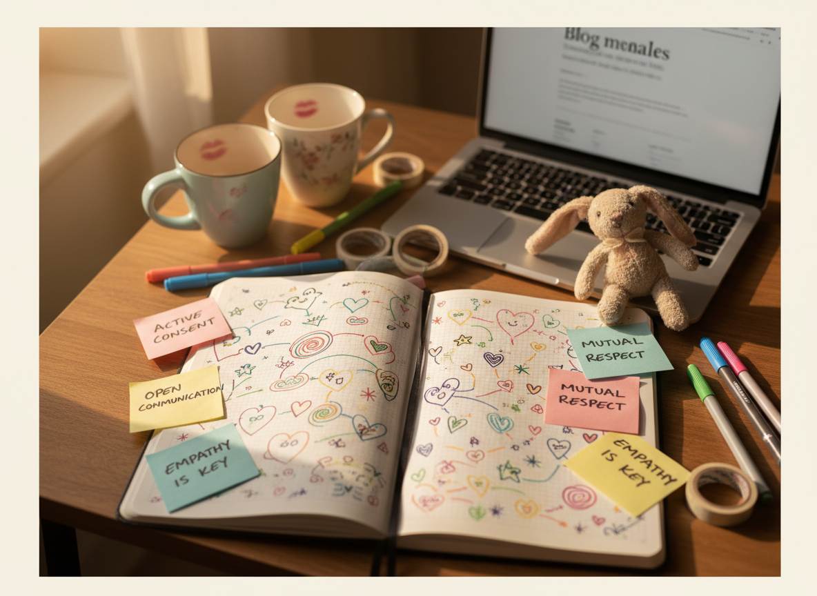 A cozy, slightly chaotic wooden desk covered in colorful stationery for planning adult relationships: an open linen-bound journal filled with tiny doodles of hearts and stars, pastel sticky notes layered with handwritten phrases about consent and communication, and a pair of mismatched ceramic mugs with faint lipstick smudges. A small, well-loved stuffed bunny leans against a closed laptop displaying a blurred blog layout. Warm afternoon light from an unseen window washes across the desk, creating soft highlights on ink pens and casting gentle shadows. Photographic realism, shot from an overhead angle with shallow depth of field, focusing on the journal while the edges fall into a creamy, inviting blur, evoking a playful yet thoughtful atmosphere.