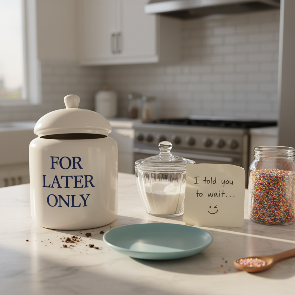 A whimsical kitchen counter tableau evoking bratting and playful rebellion through objects only: a pristine ceramic cookie jar labeled “For Later Only” with its lid slightly askew, a single cookie crumb trail leading to an empty pastel plate, and a handwritten note propped against a sugar bowl that reads, “I told you to wait…” followed by a doodled winking face. A wooden spoon lies artfully abandoned beside a jar of rainbow sprinkles. Bright midday light streams through an unseen window, giving everything crisp highlights and playful shadows. Photographic realism, shot at a low, slightly tilted angle, emphasizing mischief and light-hearted defiance in a clean, modern kitchen setting.